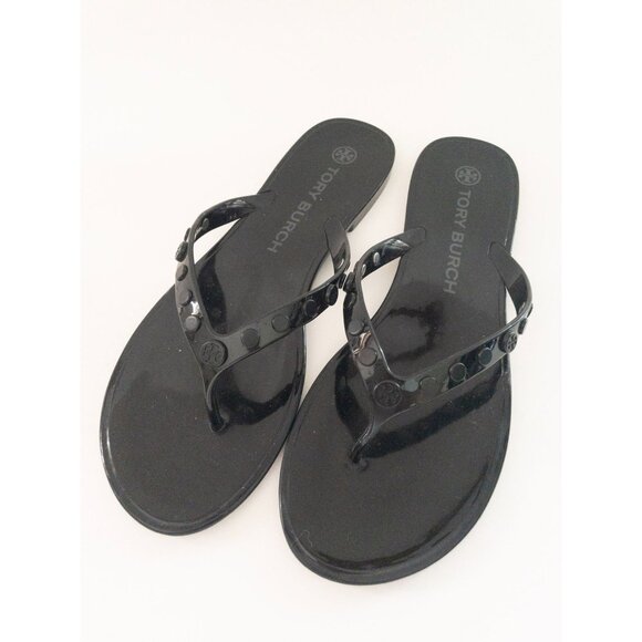 Tory Burch Shoes - Tory Burch Studded Jelly Thong Sandals Black Logo 9 Beachwear